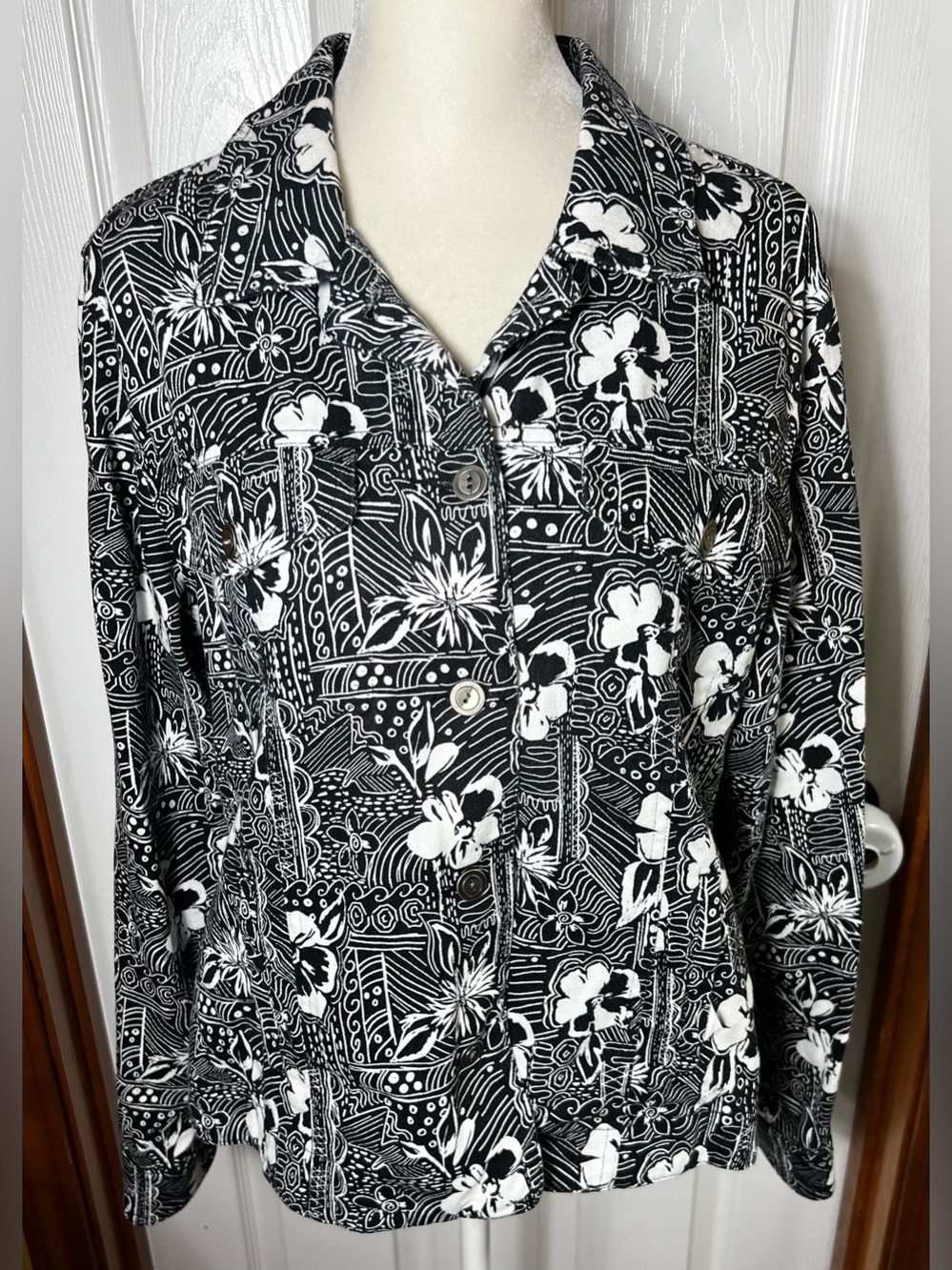 CJ Banks Linen Jacket Linen & Cotton Blend Lightweight Black/White Size M
